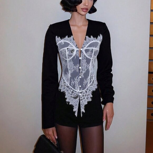 Black Elegant Women's Figure-Hugging Lace Button V-Neck Suit top - Picture 1 of 6